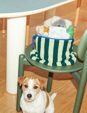 Sonny Label mint green stripe baby pouch on a sage green chair, styled with baby toys and a little white dog nearby.
