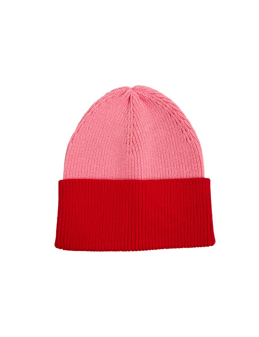 Sonny Label Circus26 floss pink knit beanie, flat lay on a grey background.
