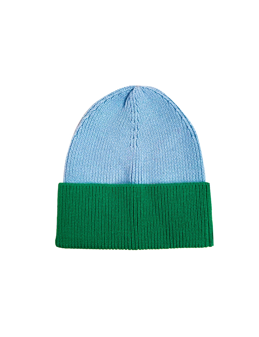 Sonny Label Circus26 forest green knit beanie, flat lay on a grey background.