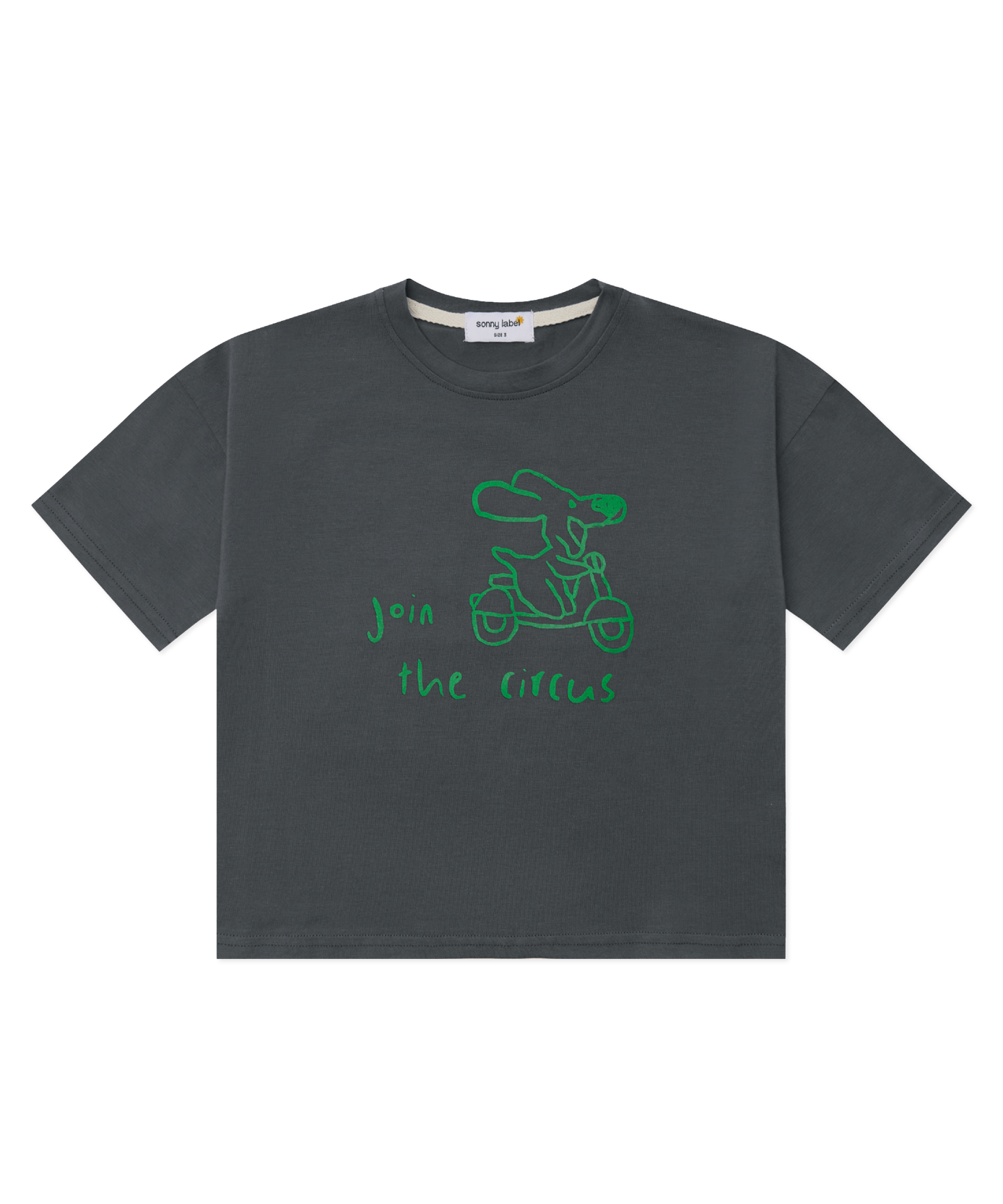 Sonny Label Circus26 charcoal everyday tee flat lay on a grey background, a wardrobe essential for kids.