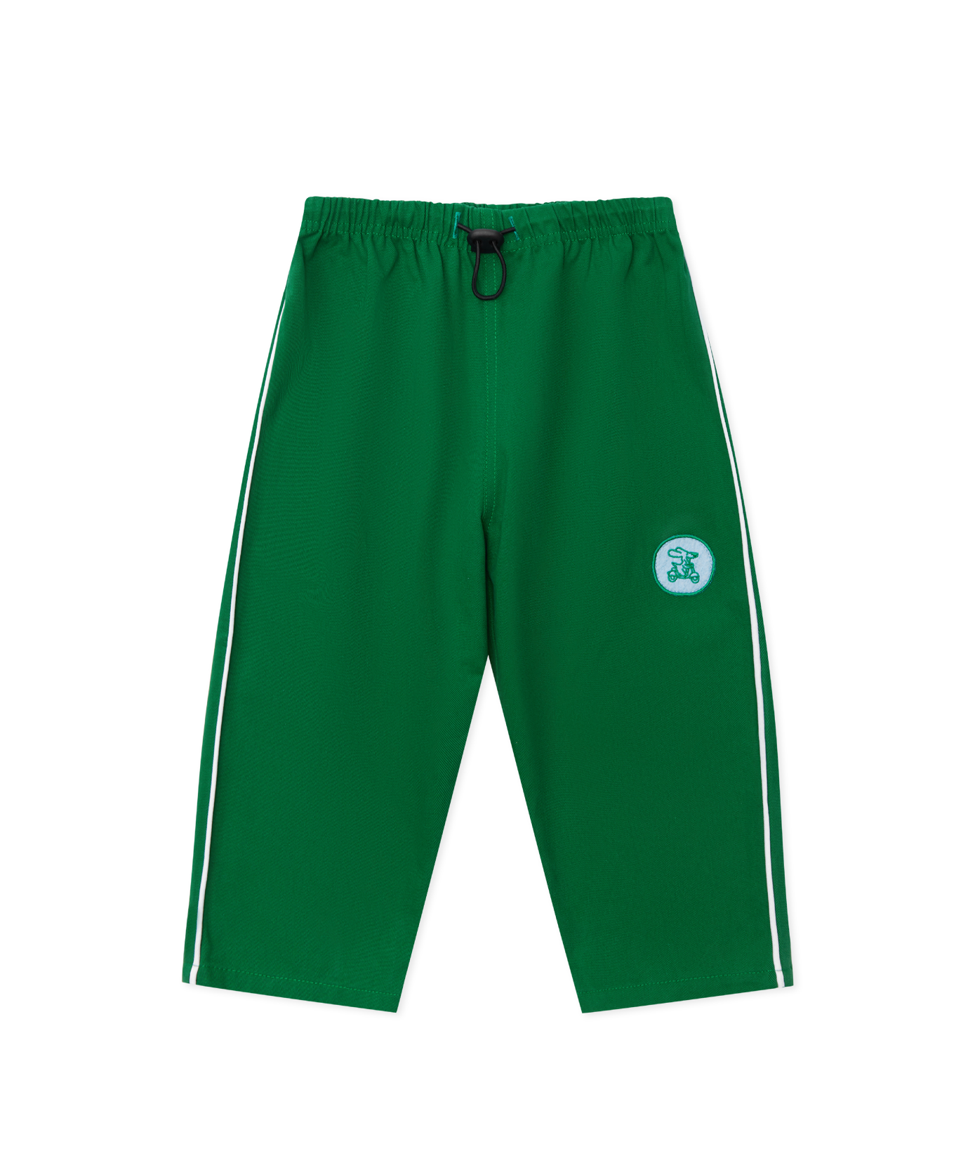 Sonny Label Circus26 forest green sport pants with cream drawstring, flat lay on a grey background.