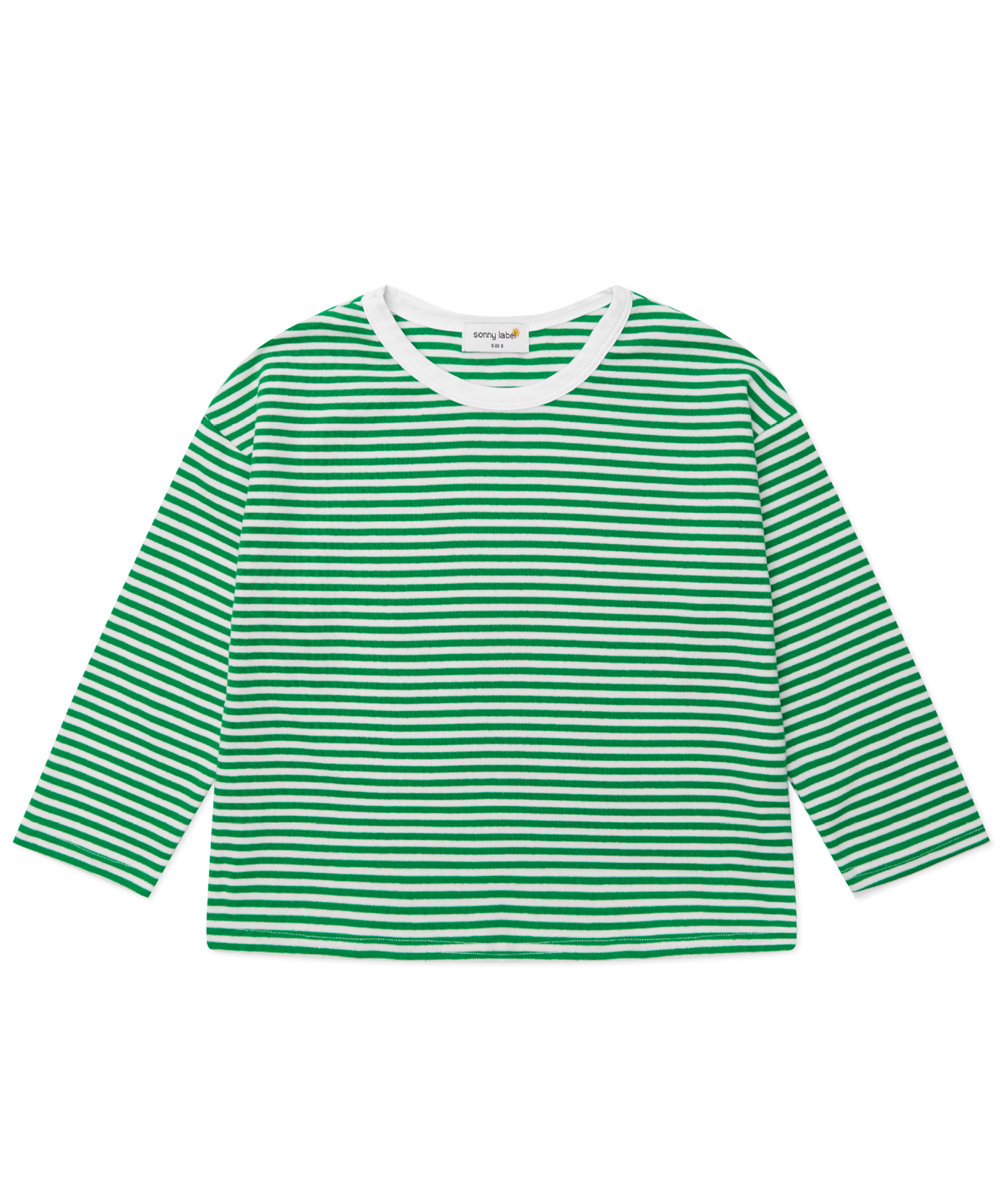 Sonny Label Circus26 forest green and white stripe long-sleeve tee flat lay on a grey background.