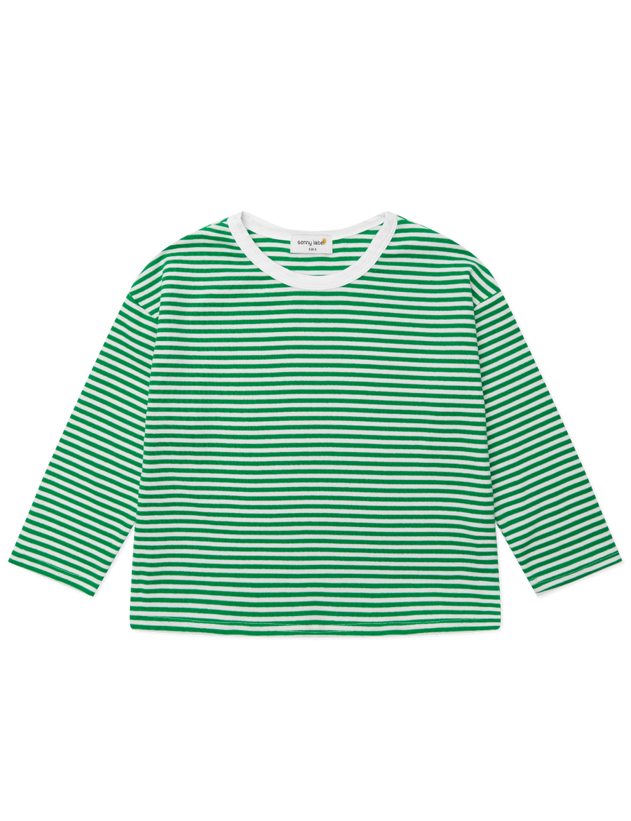 Sonny Label Circus26 forest green and white stripe long-sleeve tee flat lay on a grey background.
