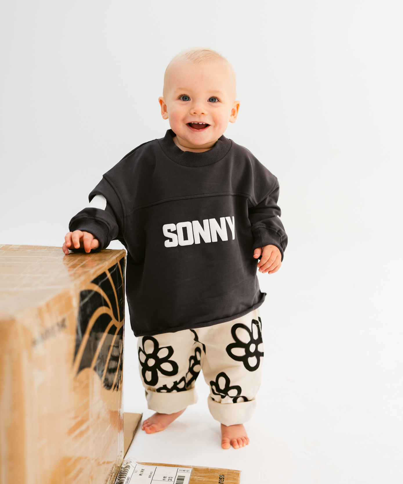 Kids retro sweatshirt in Charcoal with appliqué elbows and frayed hem by Sonny Label