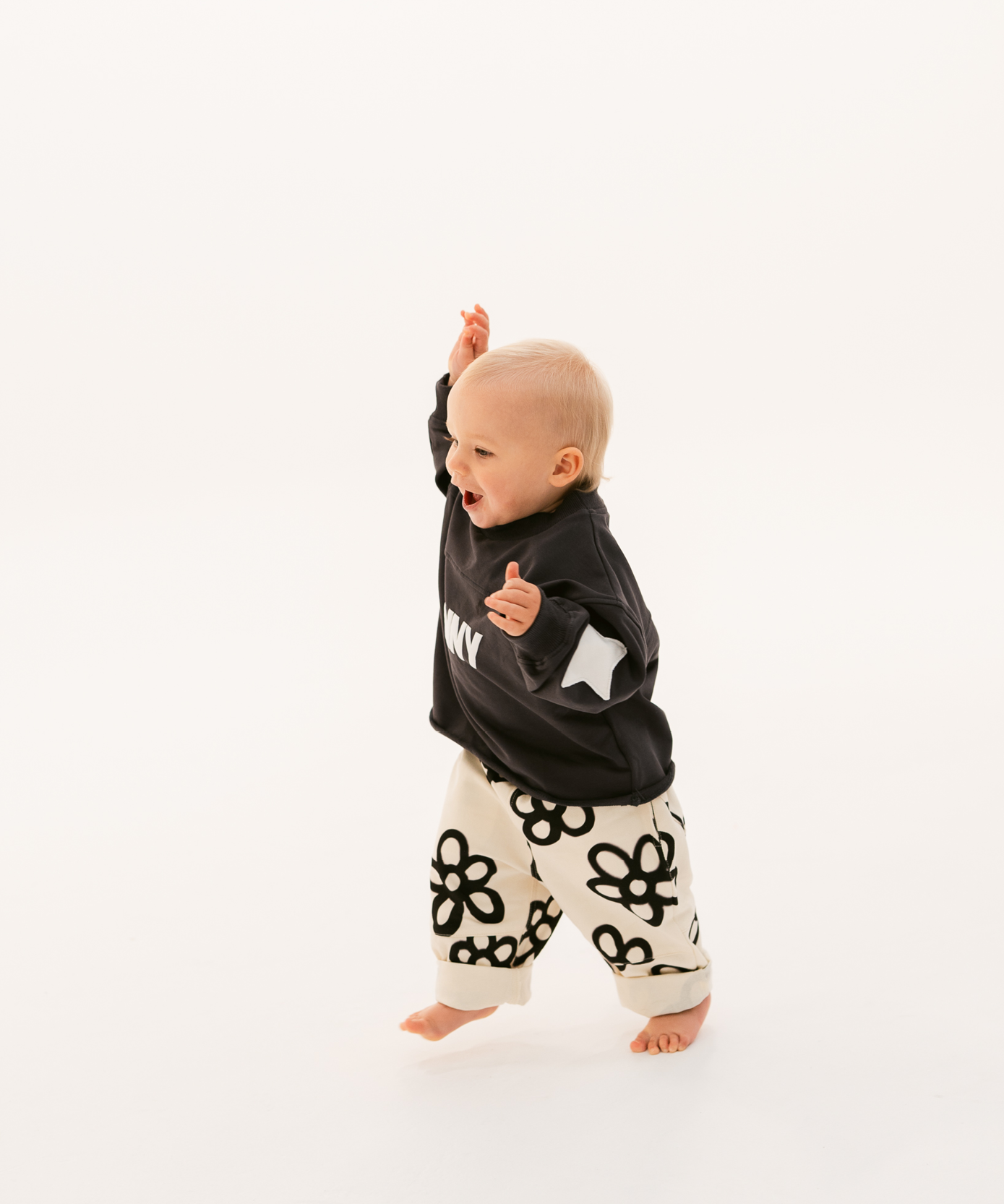 Kids retro sweatshirt in Charcoal with appliqué elbows and frayed hem by Sonny Label