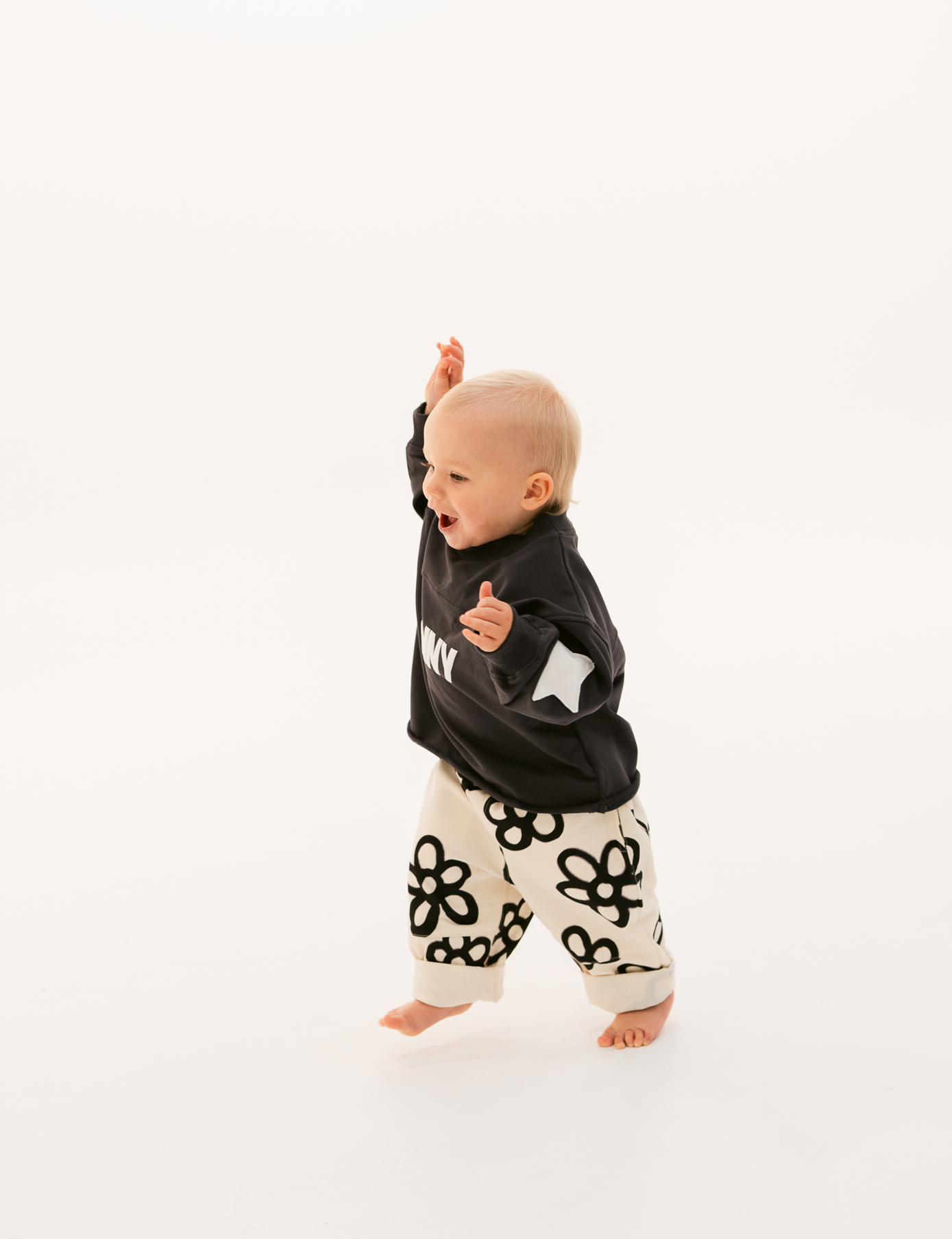 Kids retro sweatshirt in Charcoal with appliqué elbows and frayed hem by Sonny Label
