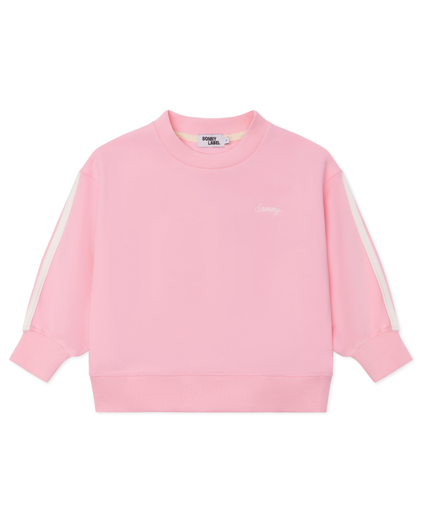 Kids sloppy joe jumper in Flamingo pink with embroidered Sonny logo