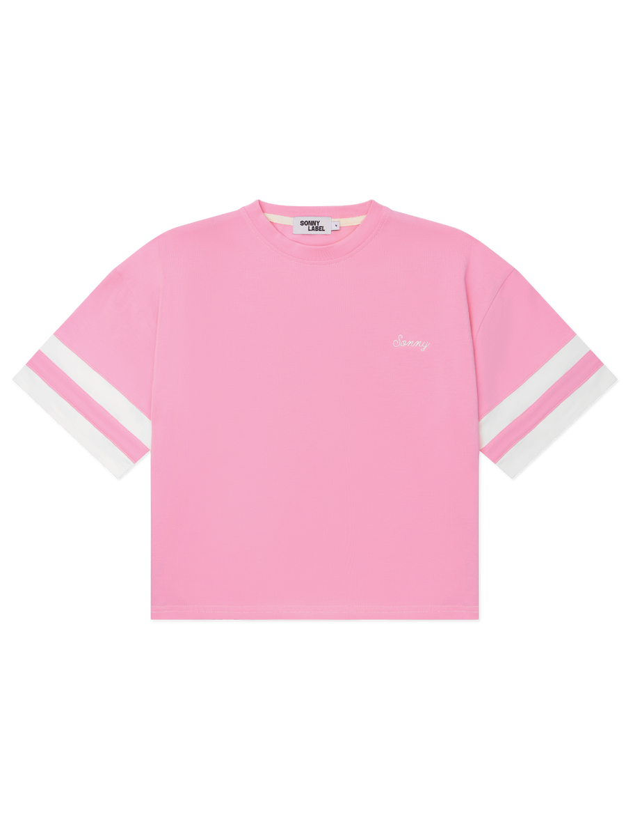 Kids oversized sports tee in Flamingo pink with multi-panel sleeves by Sonny Label
