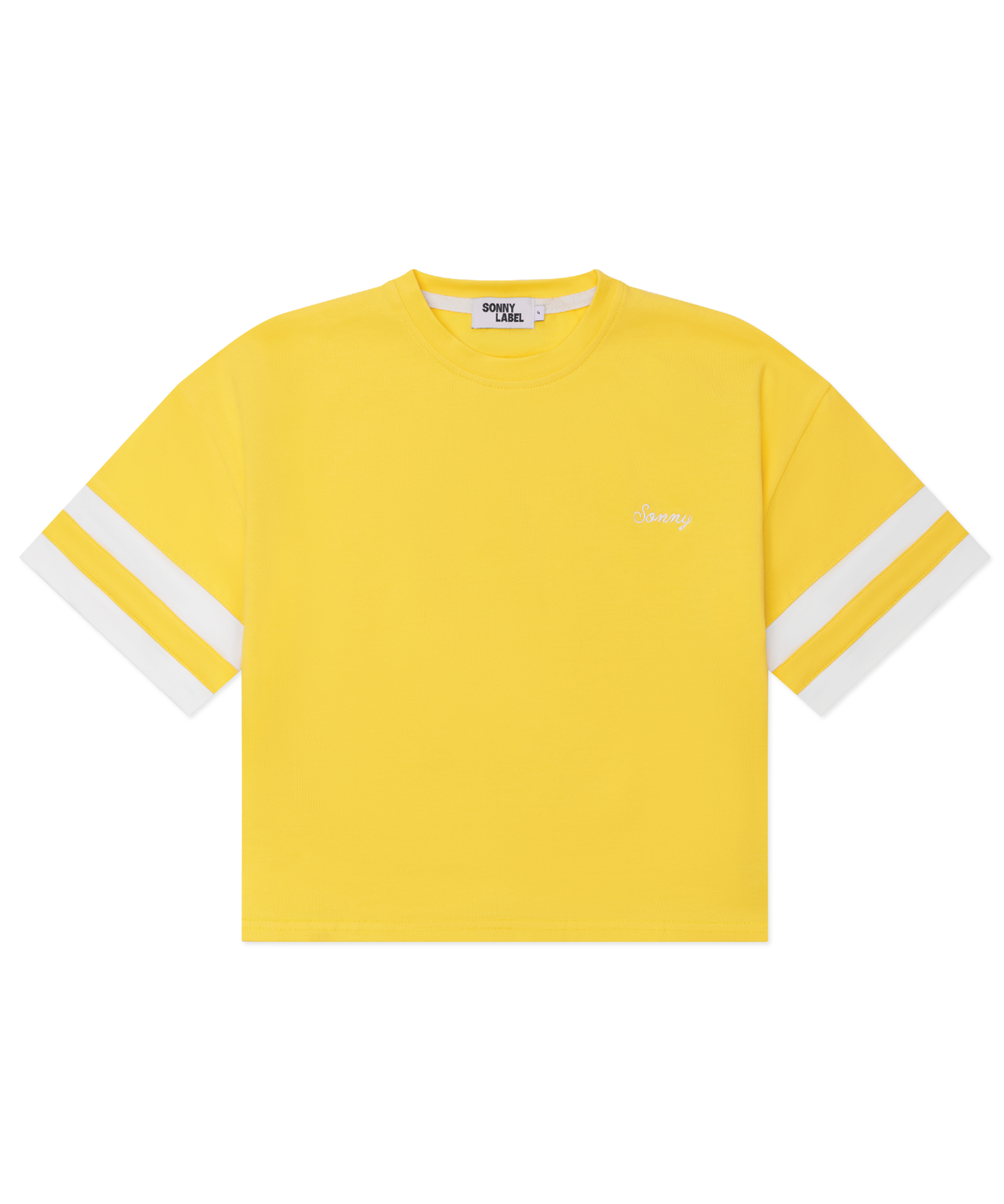 Kids oversized sports tee in Sunshine yellow with multi-panel sleeves by Sonny Label
