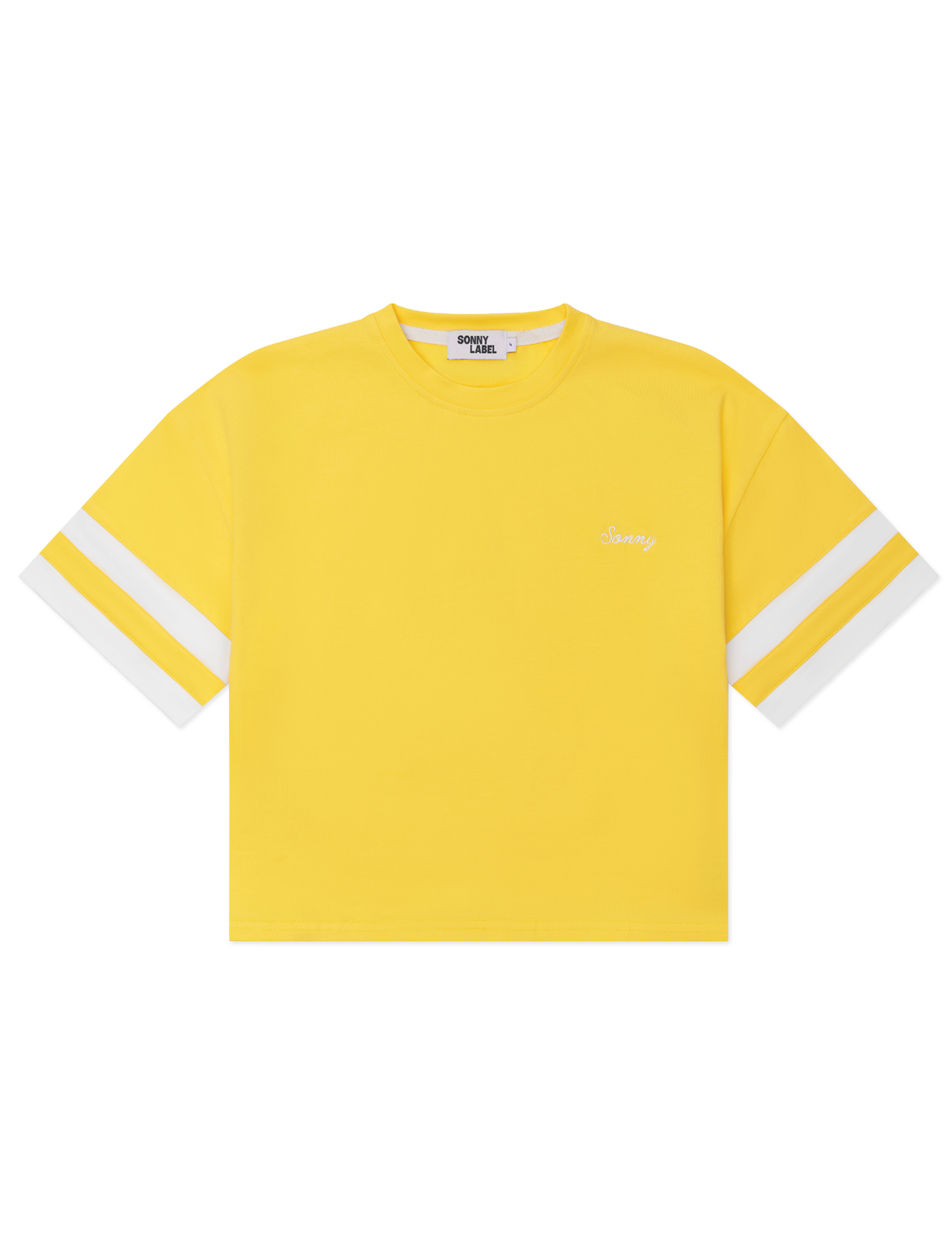 Kids oversized sports tee in Sunshine yellow with multi-panel sleeves by Sonny Label