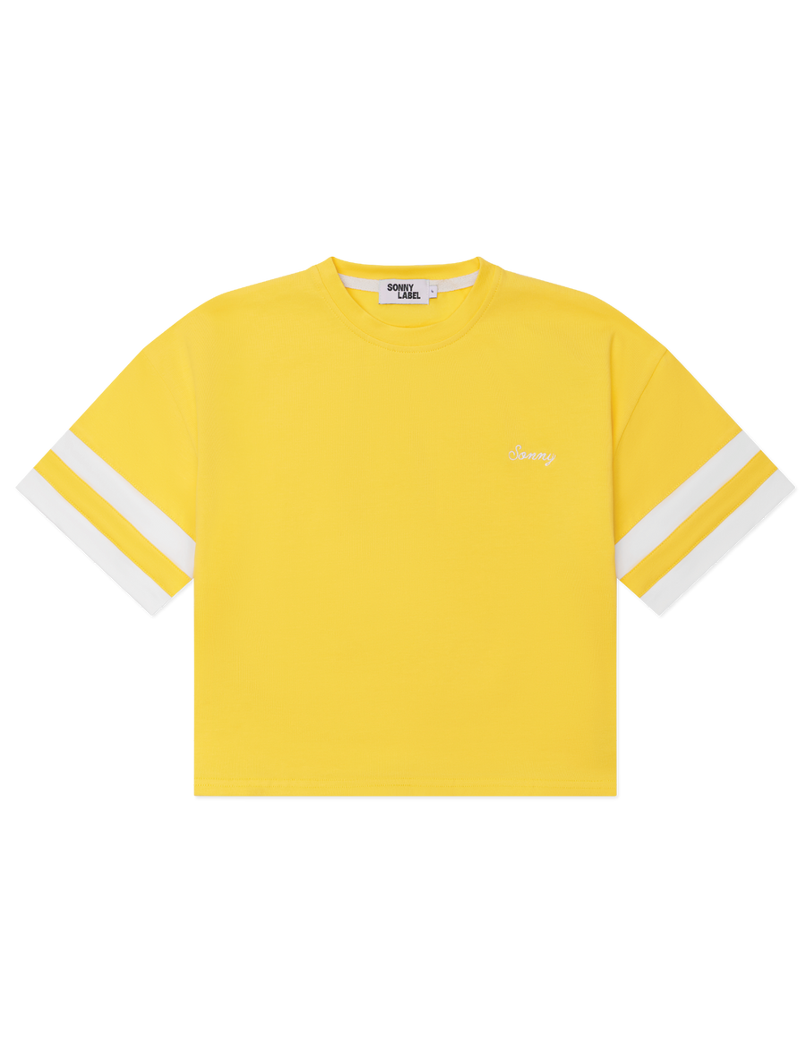 Kids oversized sports tee in Sunshine yellow with multi-panel sleeves by Sonny Label