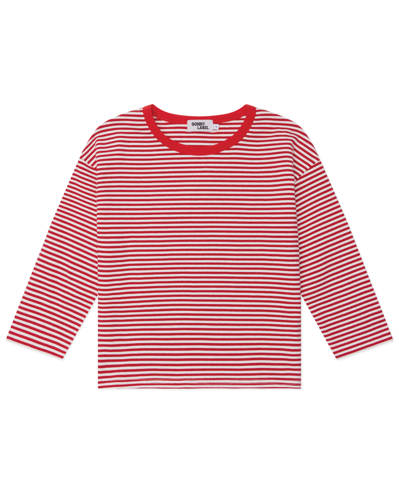 Kids long sleeve stripe tee in Cherry red, 100% cotton, by Sonny Label