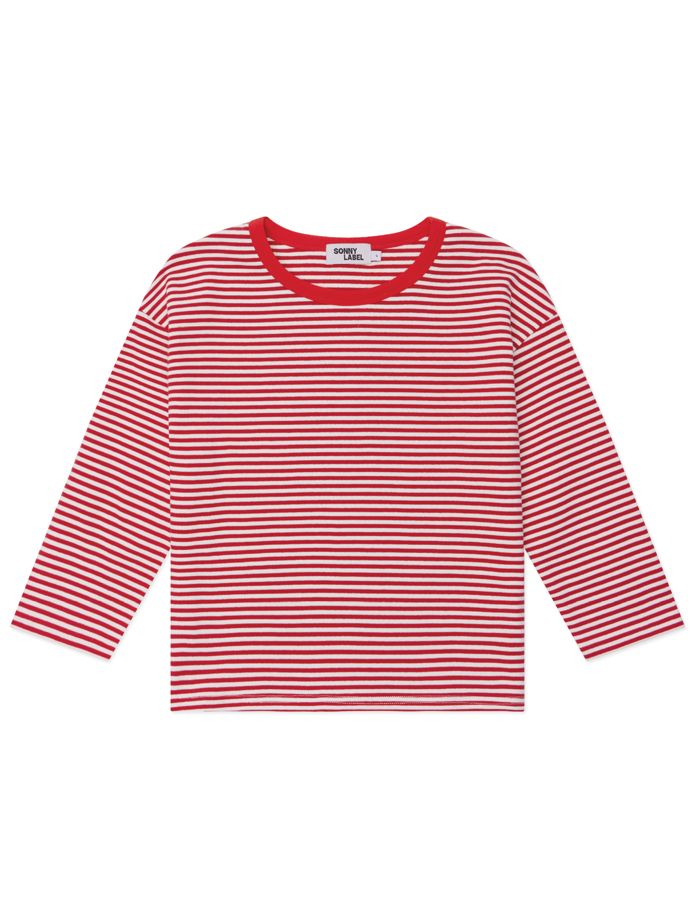 Kids long sleeve stripe tee in Cherry red, 100% cotton, by Sonny Label