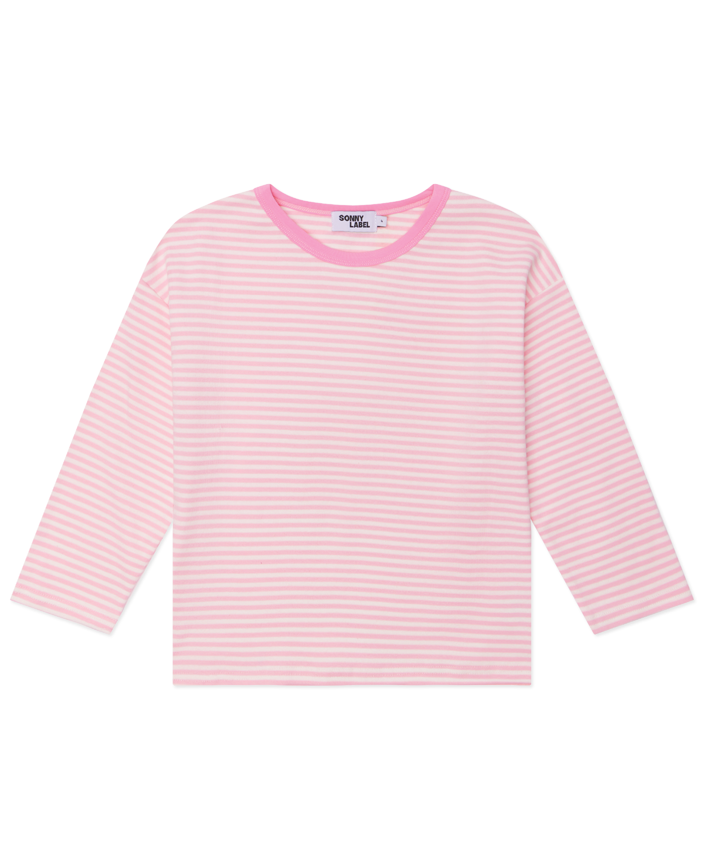 Kids long sleeve stripe tee in Flamingo pink, 100% cotton, by Sonny Label