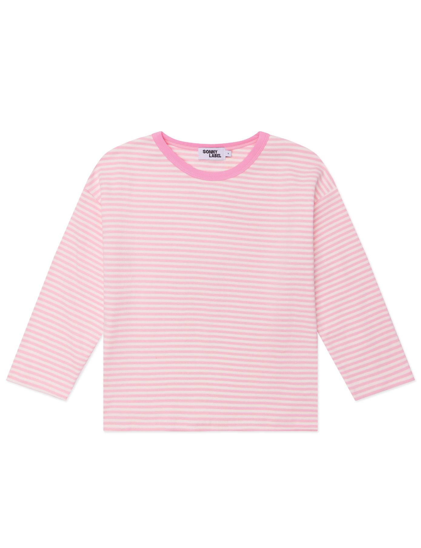 Kids long sleeve stripe tee in Flamingo pink, 100% cotton, by Sonny Label