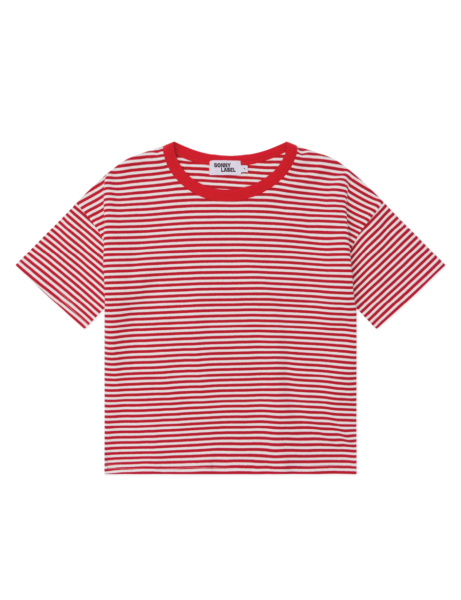 Kids short sleeve stripe tee in Cherry red, 100% cotton, by Sonny Label