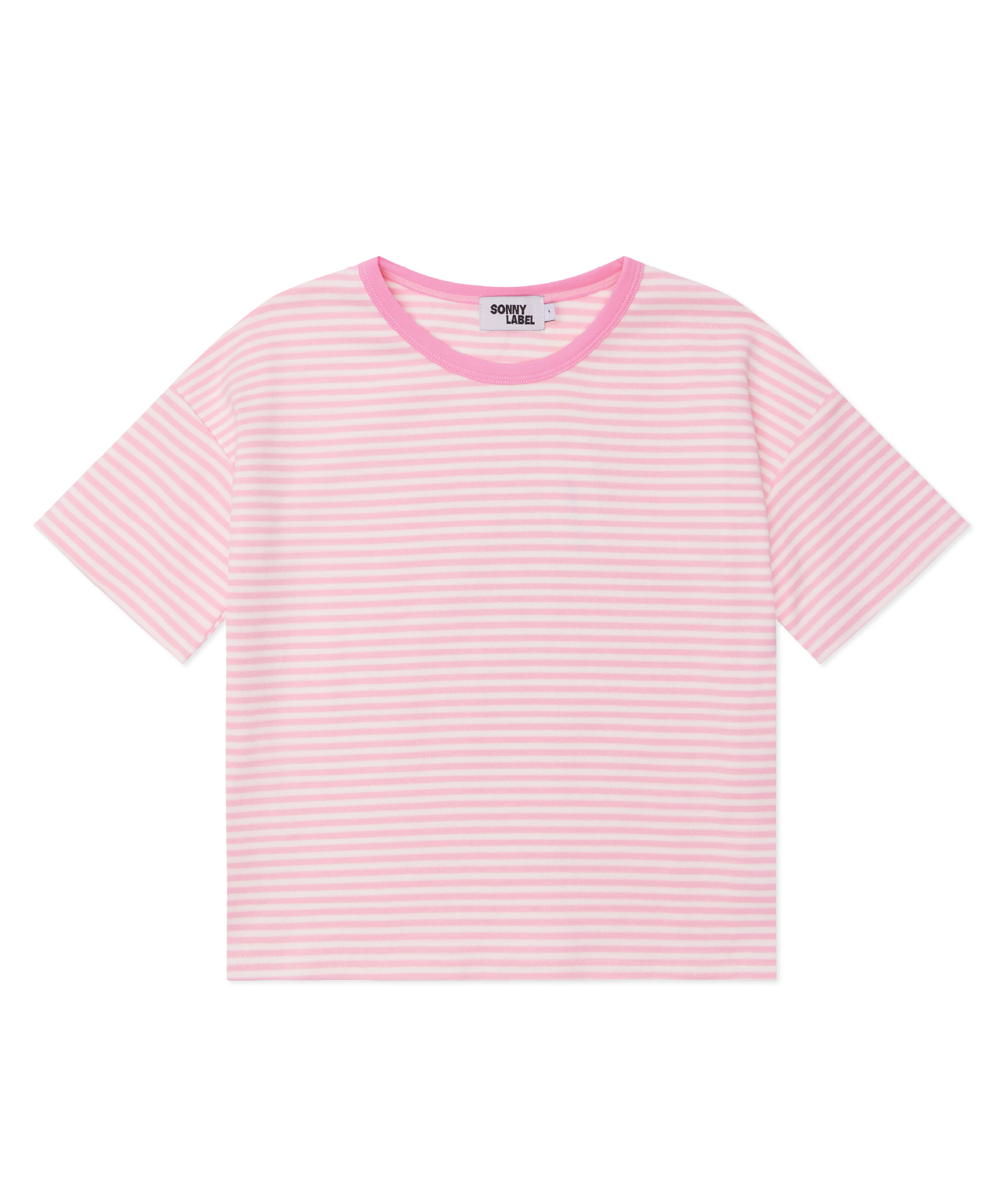Kids short sleeve stripe tee in Flamingo pink, 100% cotton, by Sonny Label