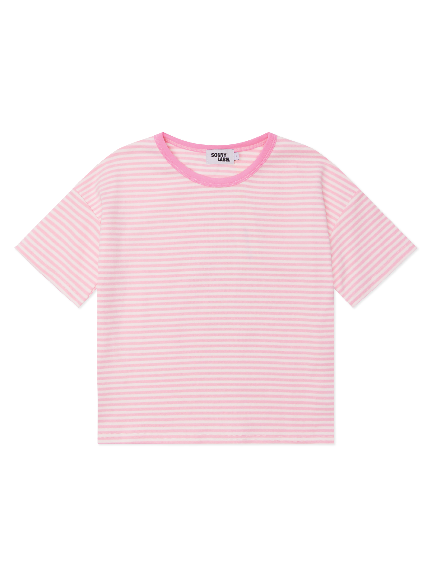 Kids short sleeve stripe tee in Flamingo pink, 100% cotton, by Sonny Label