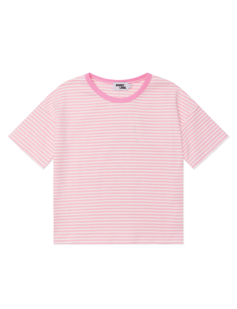 Kids short sleeve stripe tee in Flamingo pink, 100% cotton, by Sonny Label