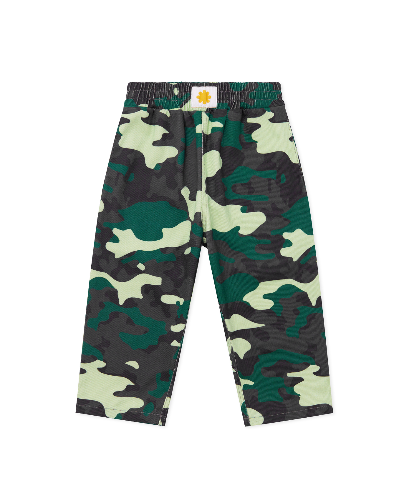 Sonny Label camo print pocket pants flat lay on a grey background — relaxed wide-leg style with side pockets.