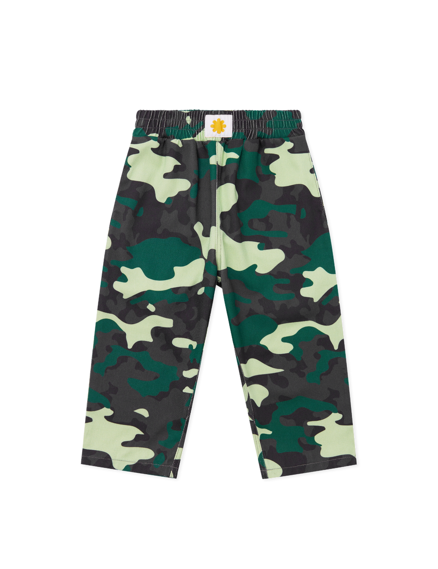 Sonny Label camo print pocket pants flat lay on a grey background — relaxed wide-leg style with side pockets.