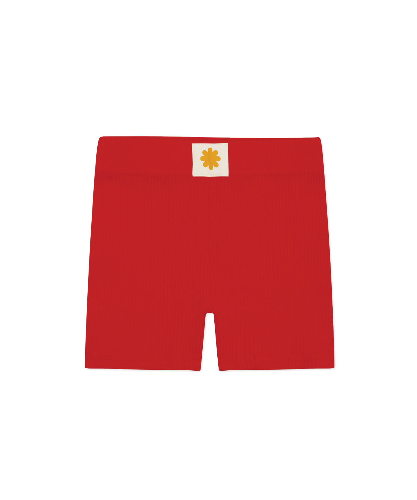 Sonny Label Summer25 tomato red bikie shorts flat lay on a grey background.