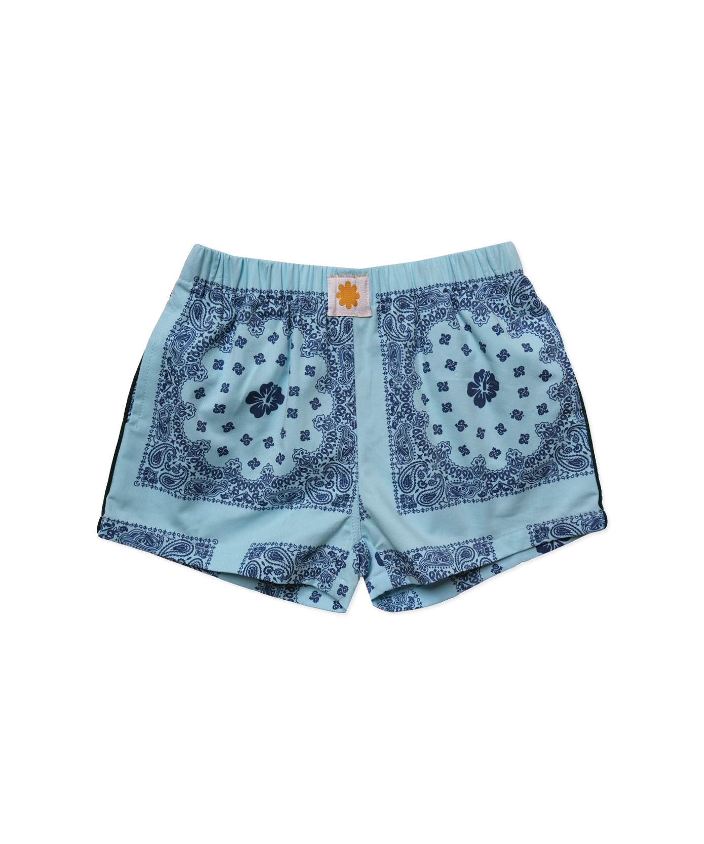Sonny Label Summer25 ocean blue paisley shorties flat lay on a grey background.