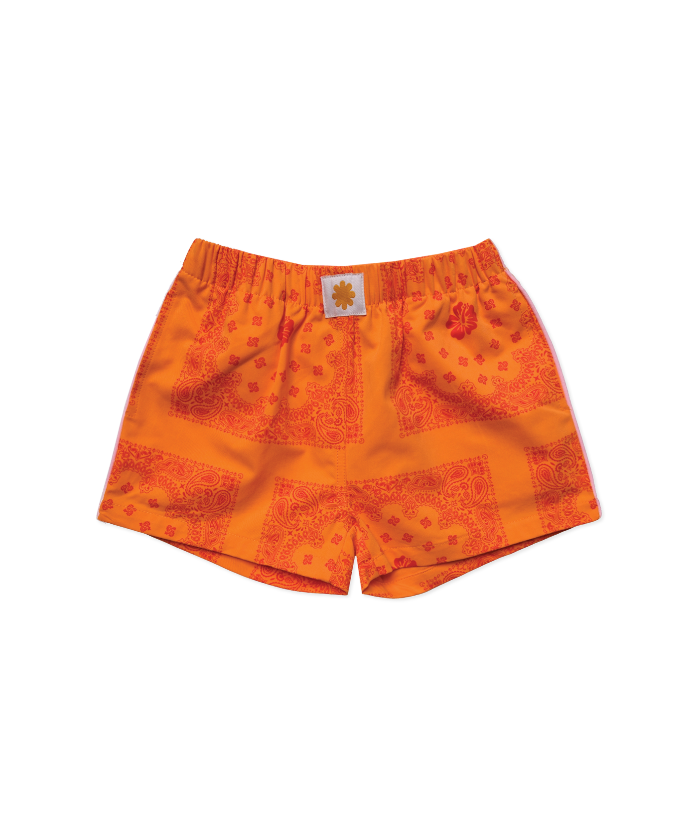 Sonny Label Summer25 tangerine paisley shorties flat lay on a grey background.
