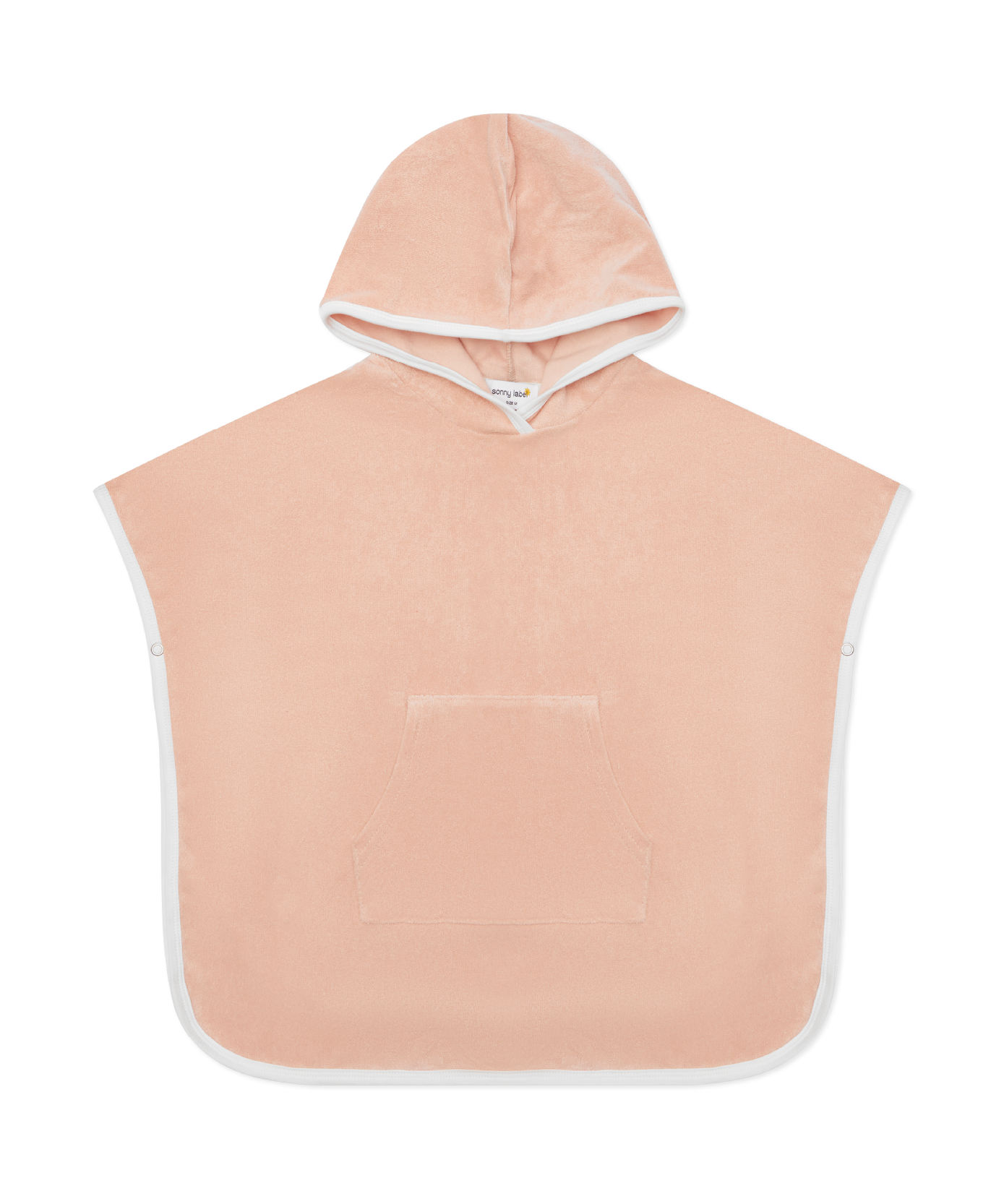 Sonny Label Summer25 salmon flamingo pink terrycloth beach poncho with white trim and kangaroo pocket, flat lay on a grey background.