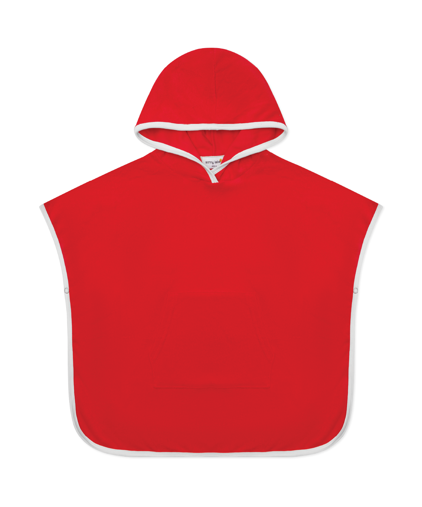 Sonny Label Summer25 tomato red terrycloth beach poncho flat lay on a grey background.