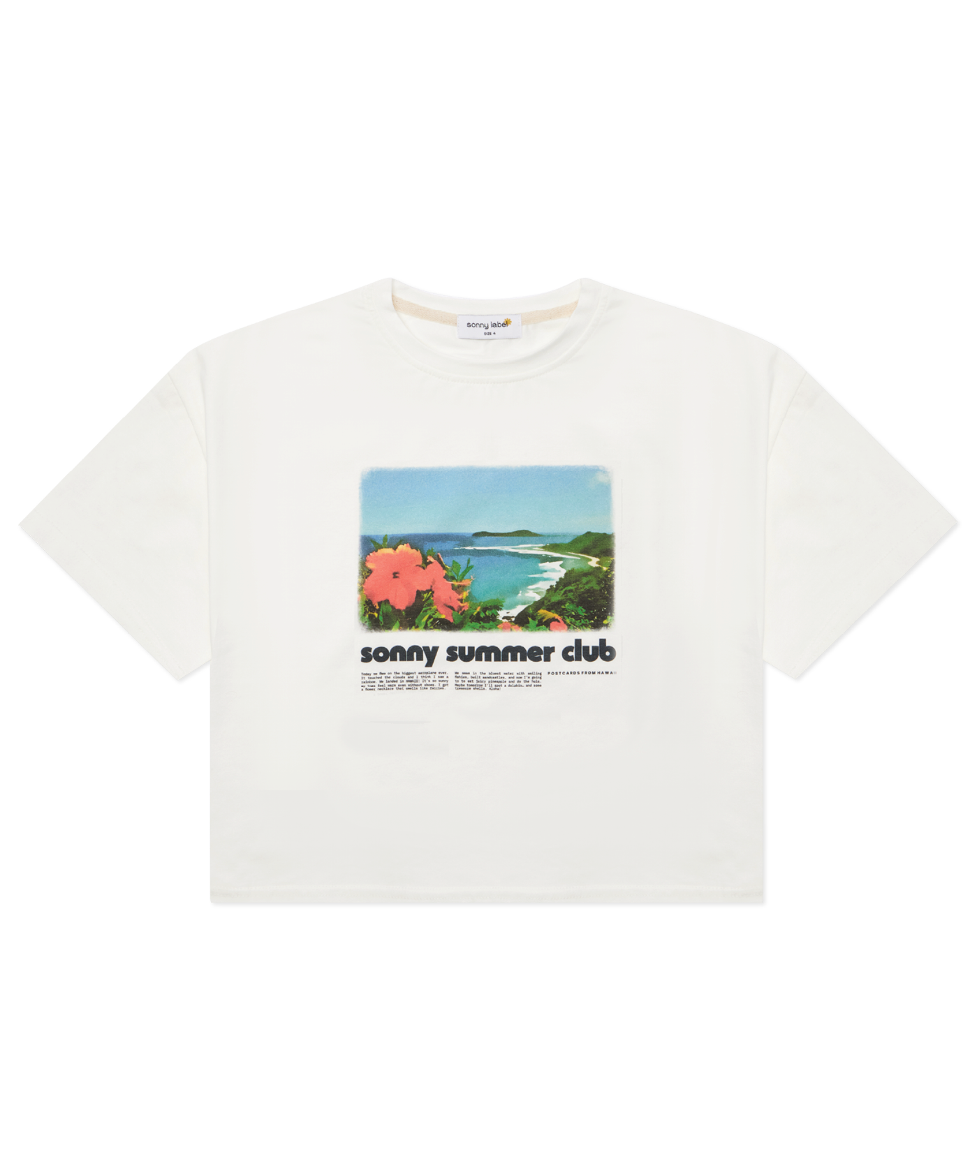Sonny Label Summer25 white Postcards Tee with retro hibiscus and ocean graphic print and "sonny summer club" text, flat lay on grey background.