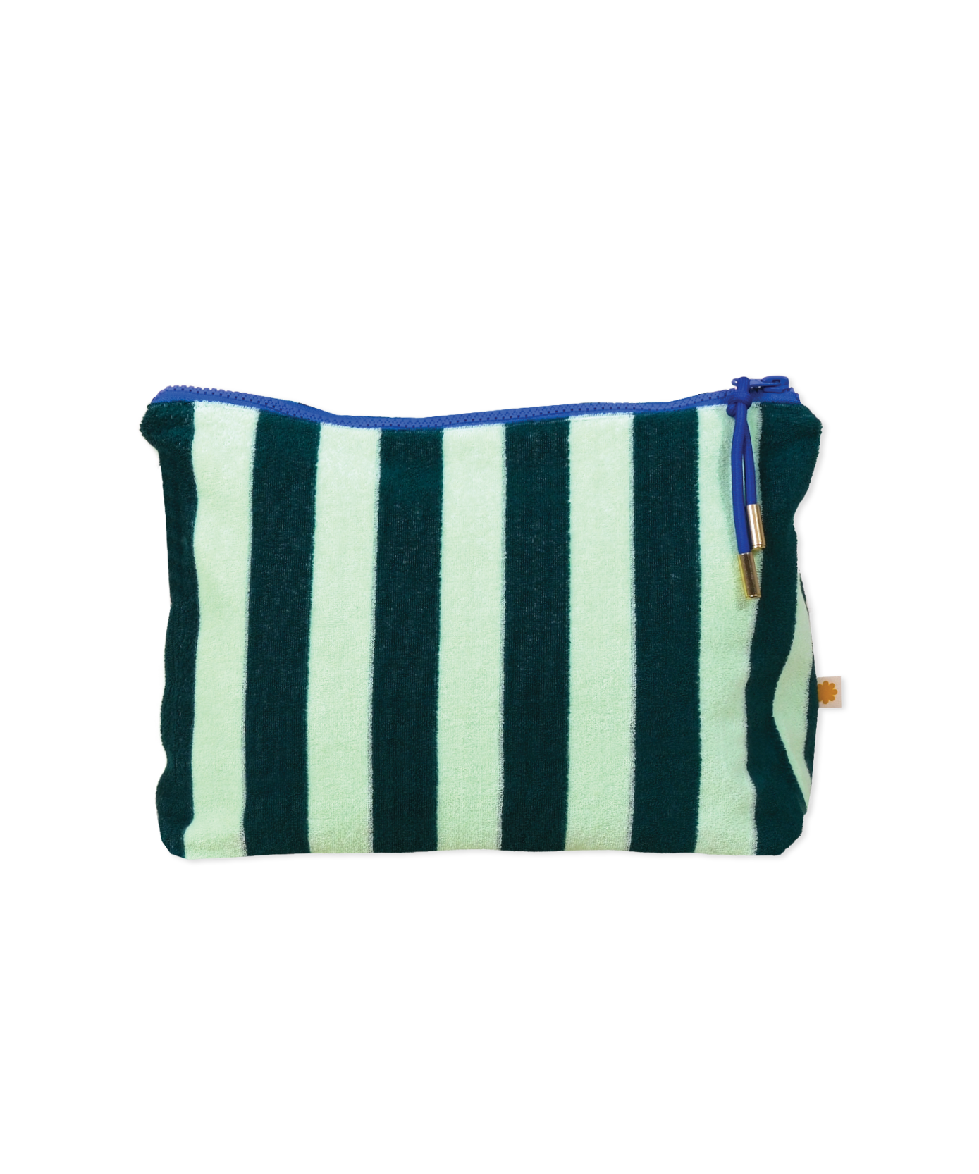 Sonny Label mint stripe terrycloth zip pouch resting on a sage green chair with baby toys and a Jack Russell dog underneath.