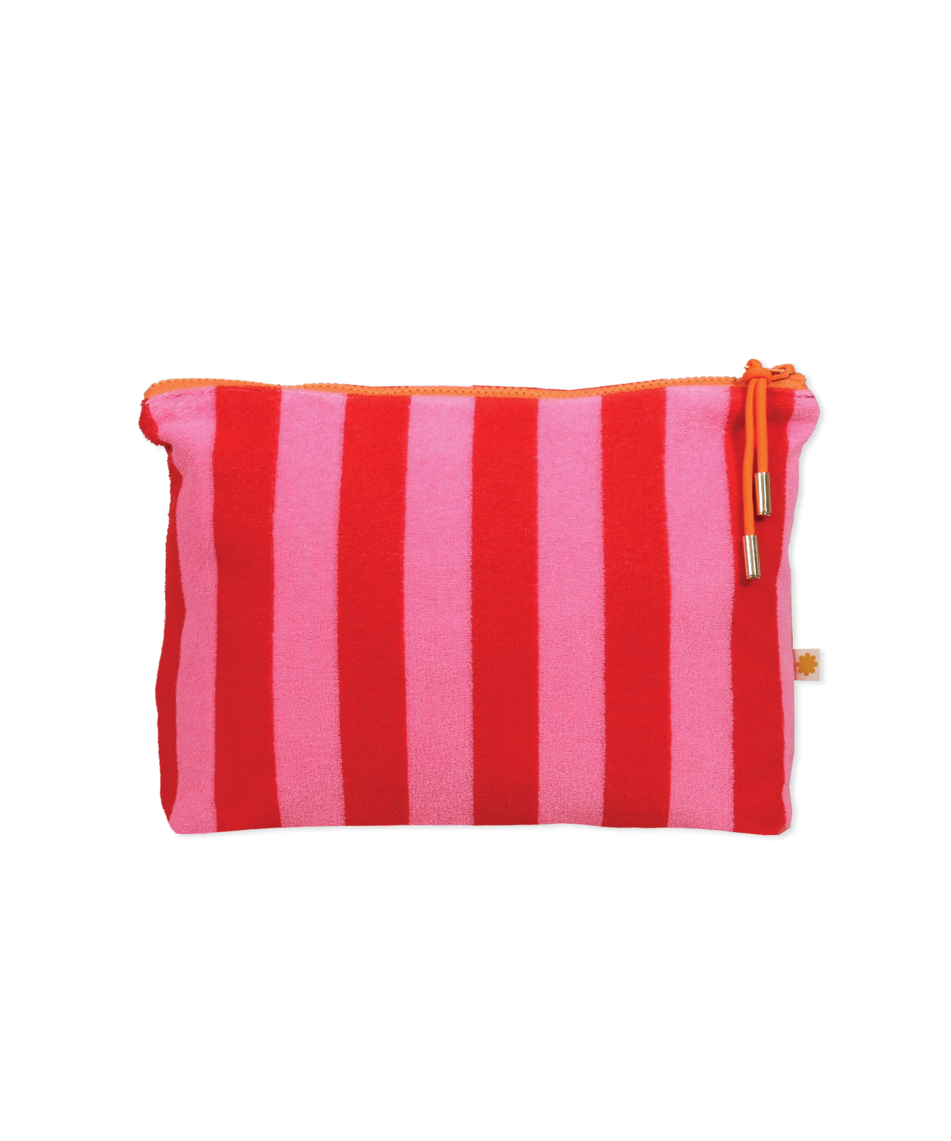 Sonny Label red and pink stripe baby terrycloth zip pouch with bright orange zip on a grey flat lay background.