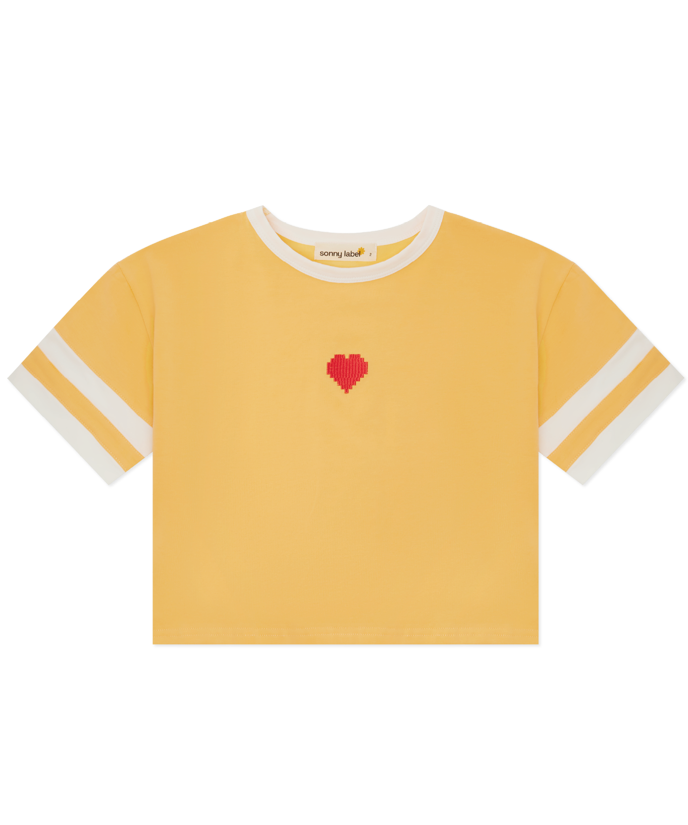 Sonny Label LOVER golden yellow crop sport tee with cream rib neck and red pixel heart embroidery, flat lay on grey background.